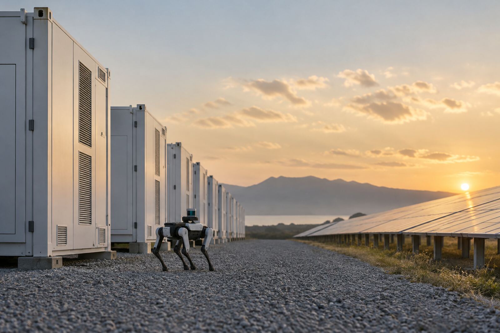 A battery storage yard with an inspection robot