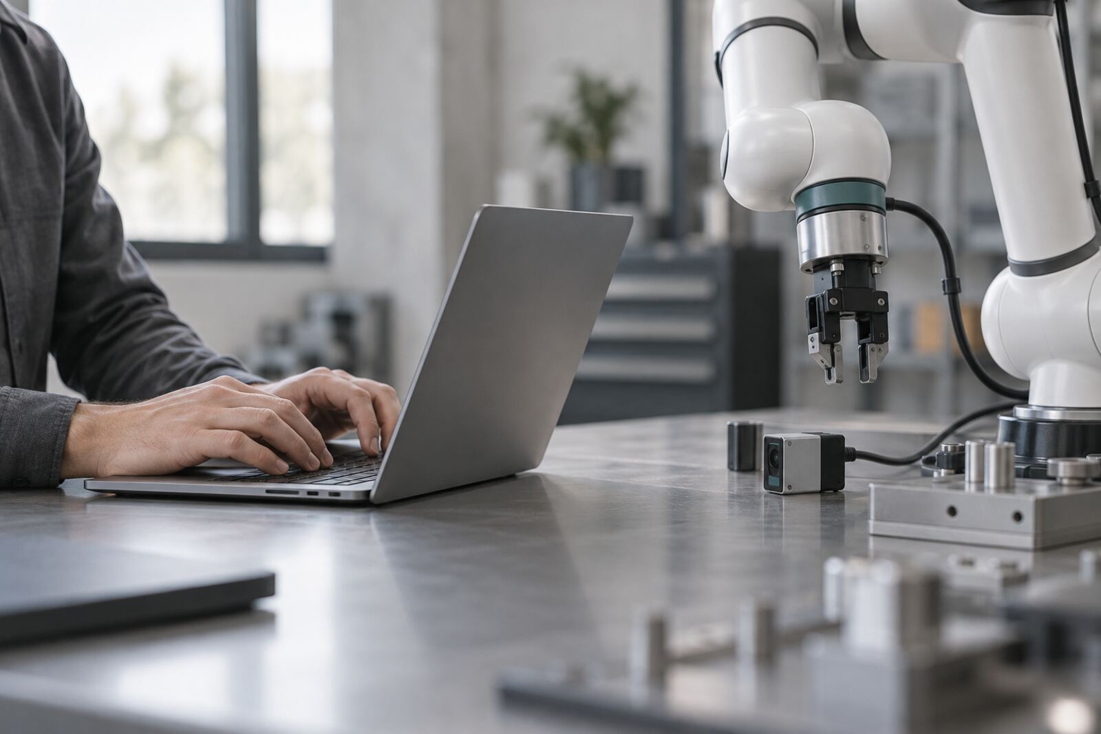 An engineer at a laptop beside a robot arm
