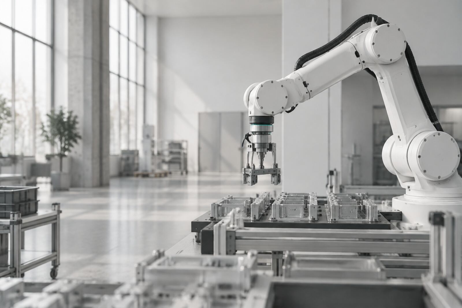 A white robot arm at an assembly station