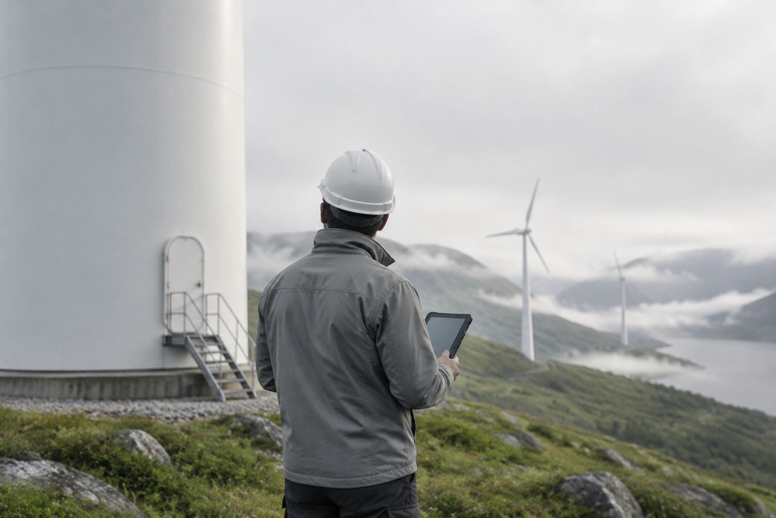 A technician with a tablet at a wind turbine