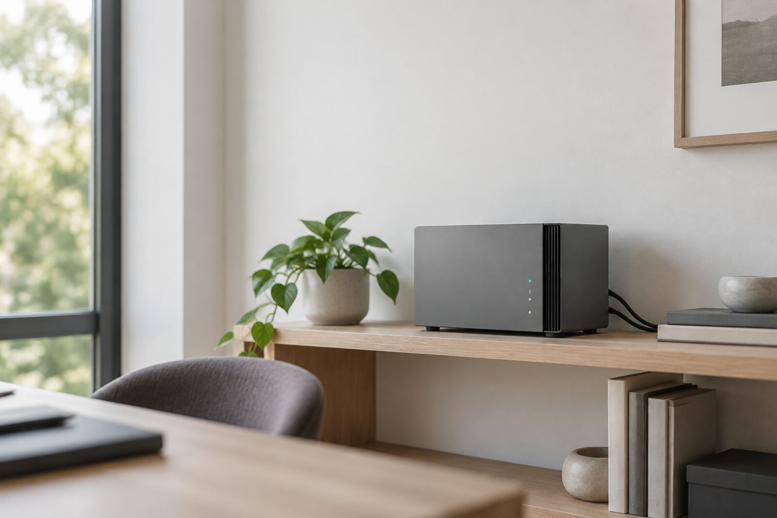 A small private server on a shelf in a quiet room