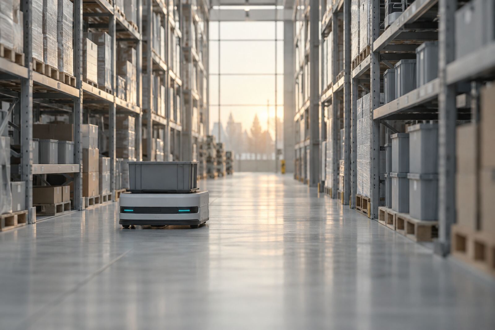 An autonomous mobile robot in a warehouse aisle