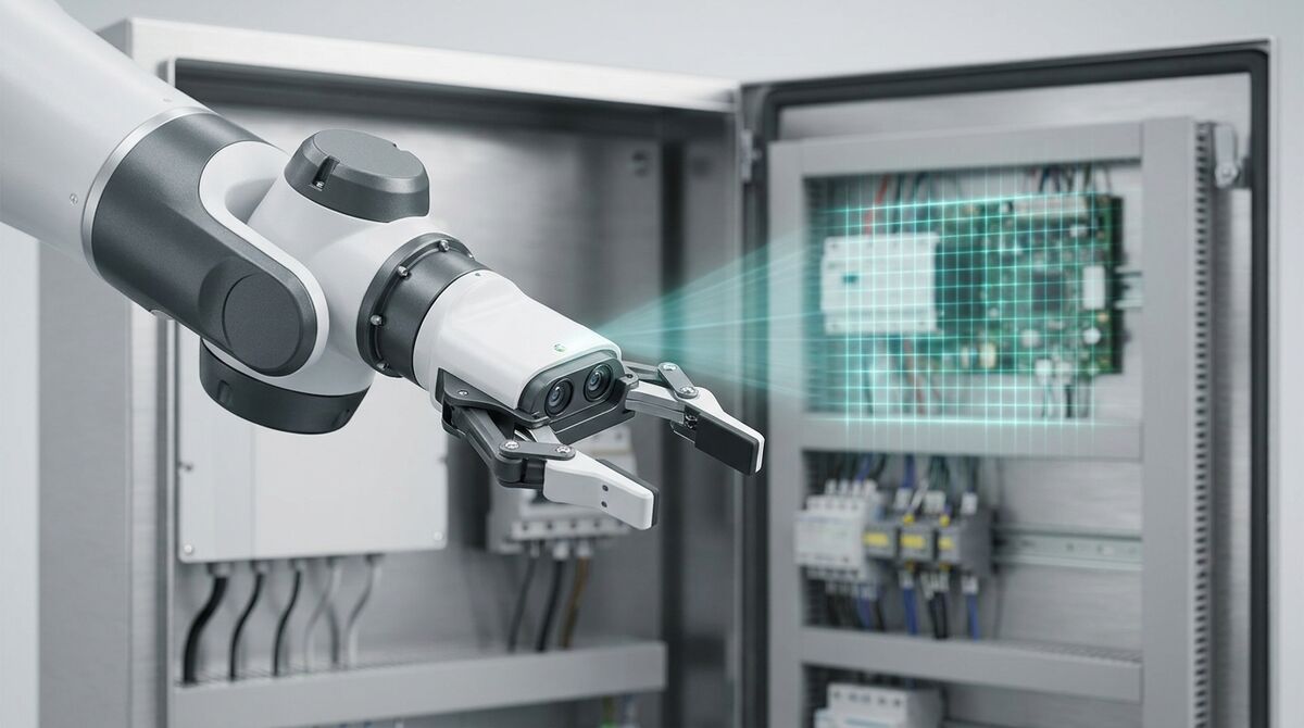 A robot arm with a stereo camera scanning an electrical panel