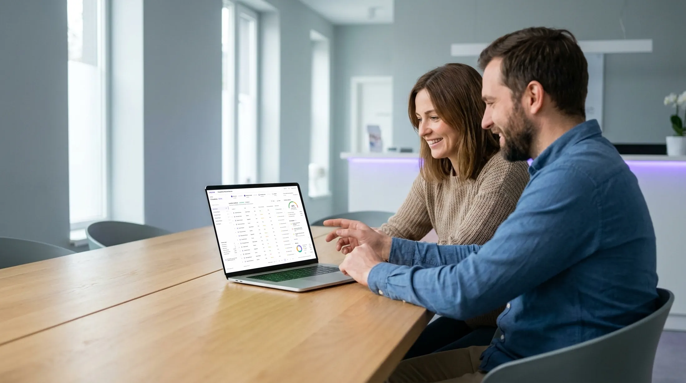 A buyer and an adviser at a table reading the same Leyoxa review on one laptop.